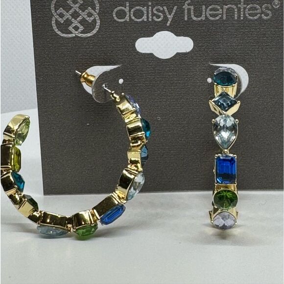Daisy Fuentes Gold Tone Open Hoop Inside Outside Crystal Earrings 1.5 inch - Picture 7 of 8